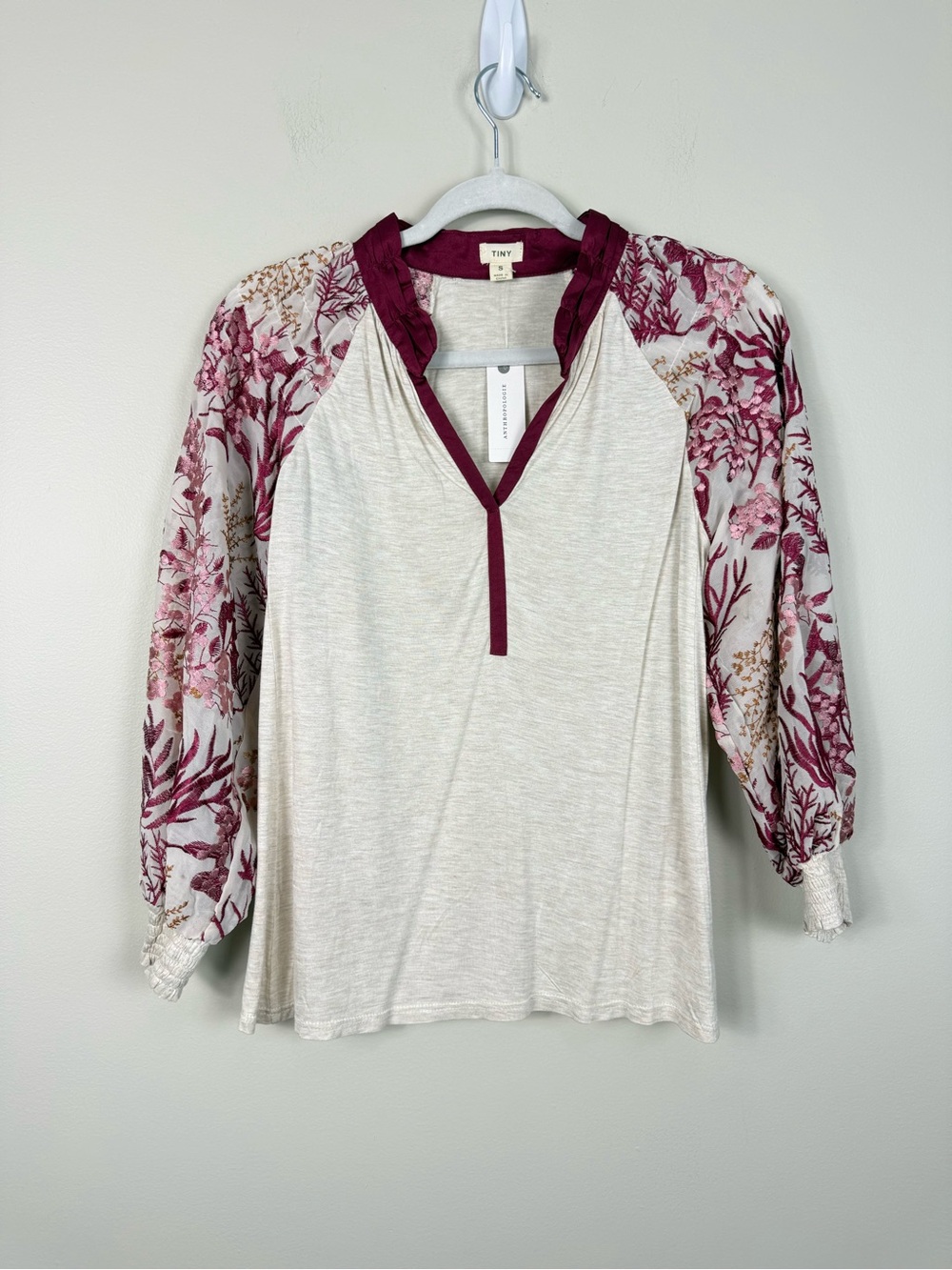Anthropologie Tiny Top Women Small Embroidered Balloon Sleeve Pink Cream Smocked - Picture 9 of 10